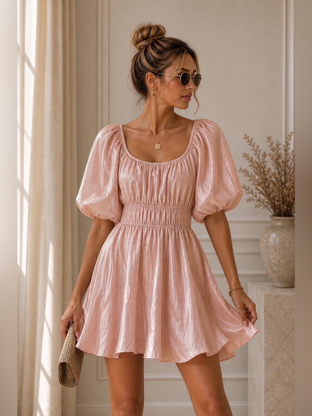 Elegant Pink Puff Sleeve Dress